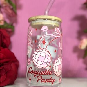 16oz Coquette Party Glass Jar with Straw - Pink and Red